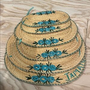 Handwoven Straw trivets - placemats  with Blue Floral Design made in Jamaica